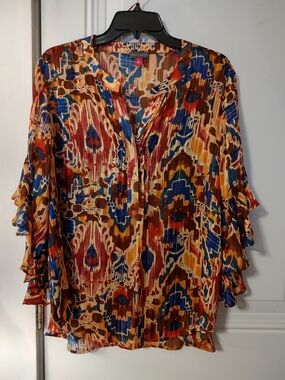 Vince Camuto Multicolor Printed Ruffle Sleeve Blouse - Blue/Red/Brown